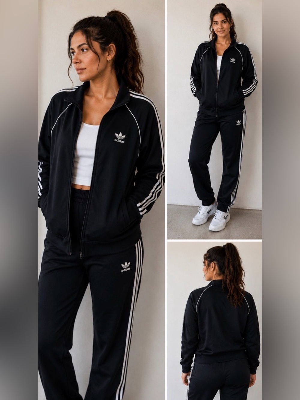 adidas Black Track Jacket and Pants Set with White Stripes